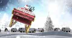 圣诞老人飞行雪橇驯鹿冬天小镇