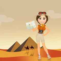 旅游女孩参观金字塔埃及