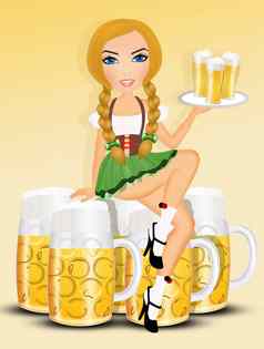 金发碧眼的女人啤酒杯子啤酒节