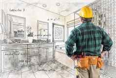 承包商硬他工具带面对自定义主浴室设计画细节