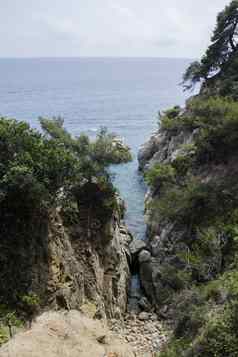 岩石海岸略雷特三月美丽的夏天一天科斯塔布拉瓦加泰罗尼亚西班牙海滨略雷特三月科斯塔布拉瓦西班牙岩石海岸略雷特三月