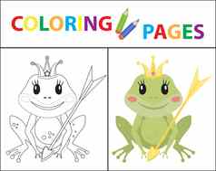 着色书页面孩子们青蛙公主草图大纲颜色版本儿童教育插图