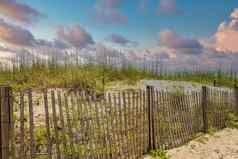 木栅栏沙子沙丘海滩