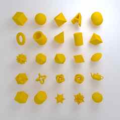 集渲染现实的原语白色背景孤立的图形元素球体环面管视锥细胞几何形状黄色的颜色时尚的设计