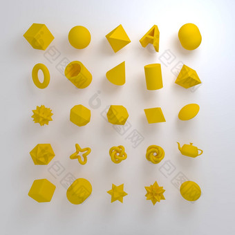 集渲染现实的原语白色背景孤立的图形元素球体环面管视锥细胞几何形状黄色的颜色时尚的设计