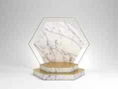 呈现白色大理石基座孤立的白色背景六角黄金框架纪念董事会六角步骤摘要最小的概念空白空间清洁设计奢侈品极简主义模型