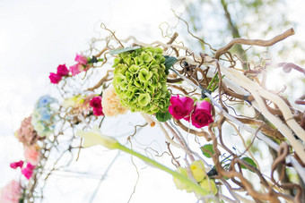 细节美丽的花拱婚礼仪式使你棒绣球花玫瑰婚礼集在户外公园