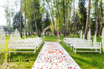 美丽的花拱婚礼仪式使你棒绣球花玫瑰婚礼集在户外公园