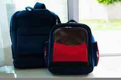 回来学校概念蓝色的背包精益玻璃通过