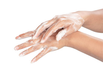 特写镜头女人的手洗肥皂白色背景治愈