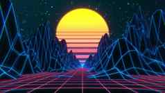 复古的未来主义的科幻背景电子游戏景观霓虹灯灯