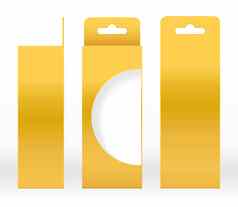 挂盒子黄金窗口形状减少包装模板空白奢侈品空盒子金黄色的模板设计产品包礼物盒子黄色的黄金盒子包装纸卡夫纸板包