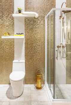 宽敞的浴室白色音调水槽盆地水龙头未经预约而来的淋浴镜子现代设计浴室