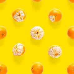 新鲜的普通话接缝模式成熟的水果橘子无缝的模式新鲜的柑橘类孤立的黄色的背景模式平躺克莱门泰
