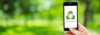 聪明的电话持有手回收象征生态环境图标概念绿色散景背景生态保护重用减少保护资源自然横幅网站