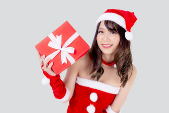 美丽的肖像年轻的亚洲女人快乐持<strong>有</strong>红色的礼物盒子兴奋圣诞节假期孤立的白色背景亚洲女孩<strong>惊喜</strong>庆祝节日圣诞节一年