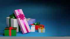 圣诞节生日礼物概念礼物盒子蓝色的背景数字渲染