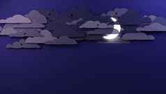 月亮闪亮的重云黑暗紫色的天空平剪纸设计数字渲染