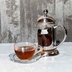 茶玻璃茶壶茶集银背景