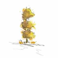 黄色的树白色背景墨水油漆