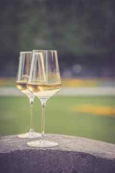 享受玻璃白色酒花园晚上太阳夏季