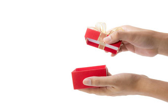 手开放红色的礼物盒子成员孤立的白色背景手给礼物生日惊喜周年纪念日浪漫爱感觉快乐情人节圣诞节一天概念