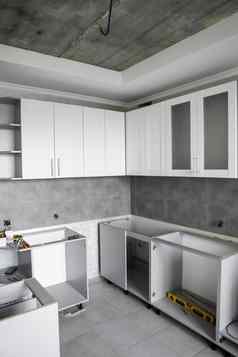 自定义厨房橱柜安装家具外墙中密度纤维板灰色的模块化厨房刨花板材料阶段安装框架家具方面中密度纤维板配置文件