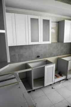 自定义厨房橱柜安装家具外墙中密度纤维板灰色的模块化厨房刨花板材料阶段安装框架家具方面中密度纤维板配置文件