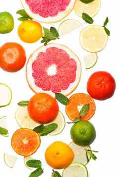 柑橘类背景新鲜的柑橘类水果柠檬橙子酸橙葡萄柚白色背景