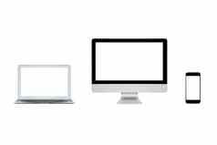 聪明的现代电脑移动PC智能手机空白屏幕孤立的白色背景照片设计聪明的技术互联网的事情概念