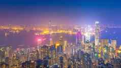 在香港香港市中心著名的城市景观视图在香港香港天际线《暮光之城》时间视图维多利亚峰著名的的观点在香港香港