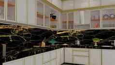 渲染插图经典风格厨房白色黑色的黄金主题经典厨房