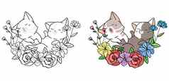 可爱的猫花环卡通着色页面