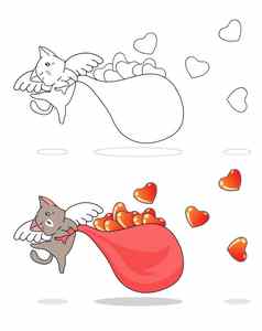 可爱的丘比特猫心卡通很容易着色页面孩子们