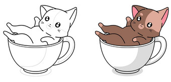 可爱的猫杯咖啡卡通着色页面