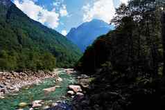 绿松石Verzasca河流动美丽的景观