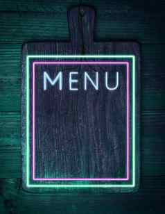古董木棕色（的）切割董事会霓虹灯绿色粉红色的灯菜单招牌模板餐厅