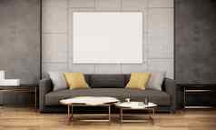 空白图片框架模拟现代生活房间室内沙发表格木地板上灰色的墙呈现