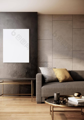 垂直图片框架模拟现代生活房间室内沙发表格木地板上灰色的墙呈现