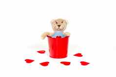 软玩具熊绣花心红色的金属桶白色
