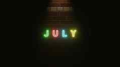 7月文本霓虹灯光色彩斑斓的砖墙纹理插图呈现霓虹灯象征7月霓虹灯光效果文本墙砖纹理简单的优雅的