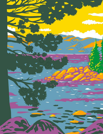 翡翠湾湖太浩塞拉内华达山位于加州曼联州水渍险海报艺术