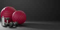 金属哑铃红色的fit-ball喝水瓶设备健身黑色的背景呈现