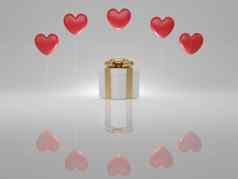 情人节一天概念红色的心气球白色礼物盒子黄金丝带白色背景呈现