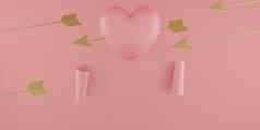 情人节一天概念粉红色的心气球黄金箭头横幅粉红色的背景空空间文本呈现