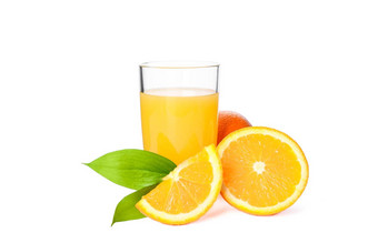 玻璃新鲜的橙色汁橙子叶子孤立的白色背景新鲜的自然喝