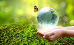男人。玻璃全球概念一天地球保存世界保存环境世界草绿色散景背景