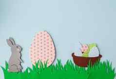 Diy纸卡片复活节体积问候卡片邀请兔子草大蛋装饰鸡蛋篮子天上的背景纸减少复制空间