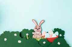 快乐复活节横幅色彩斑斓的复活节鸡蛋灌木兔子体积形状减少纸Diy彩色的纸板设计假期摩天观景轮海报问候卡聚会，派对邀请