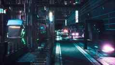 视图晚上未来主义的铁路站高速公路通过汽车视图未来城市呈现